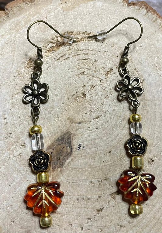 NEW Bronze Tone Boho HIppie Flower Amber Leaf Drop Dangle Earrings