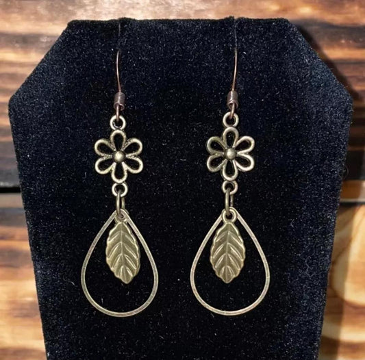 NEW Bronze Tone Boho HIppie Flower Leaf Teardrop Hoop Drop Earrings