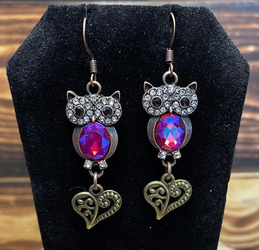 NEW Rhinestone Owl & Filigree Heart Drop Dangle Bronze Tone Earrings