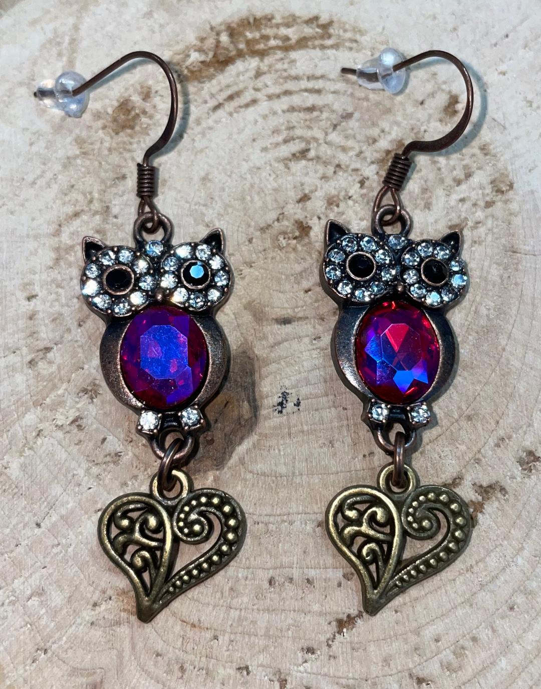 NEW Rhinestone Owl & Filigree Heart Drop Dangle Bronze Tone Earrings
