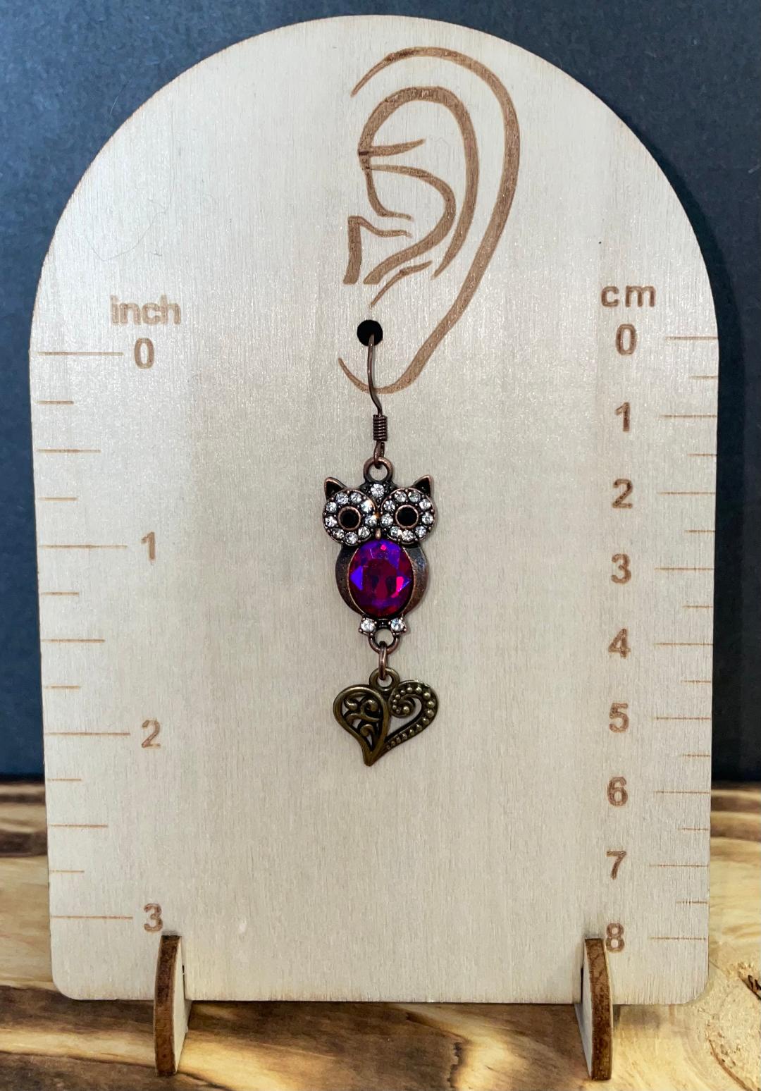 NEW Rhinestone Owl & Filigree Heart Drop Dangle Bronze Tone Earrings