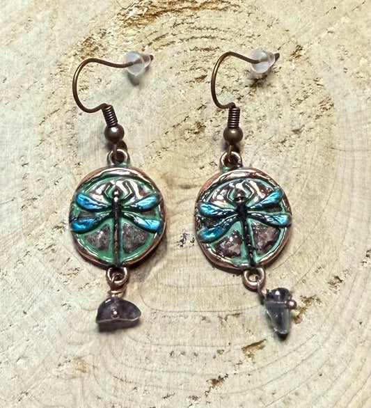 NEW Round Medallion Raised Dragonfly & Stone Earrings