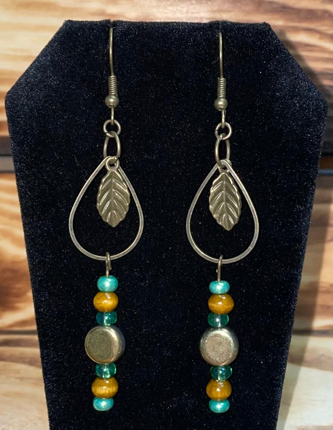 NEW Bronze Tone Boho HIppie Leaf Teardrop Hoop Drop Dangle Earrings