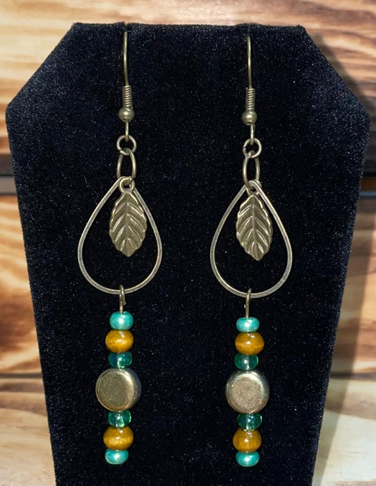 NEW Bronze Tone Boho HIppie Leaf Teardrop Hoop Drop Dangle Earrings