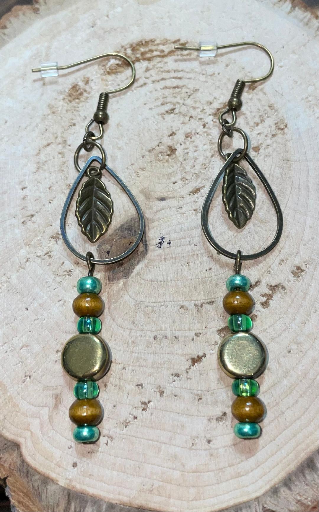 NEW Bronze Tone Boho HIppie Leaf Teardrop Hoop Drop Dangle Earrings