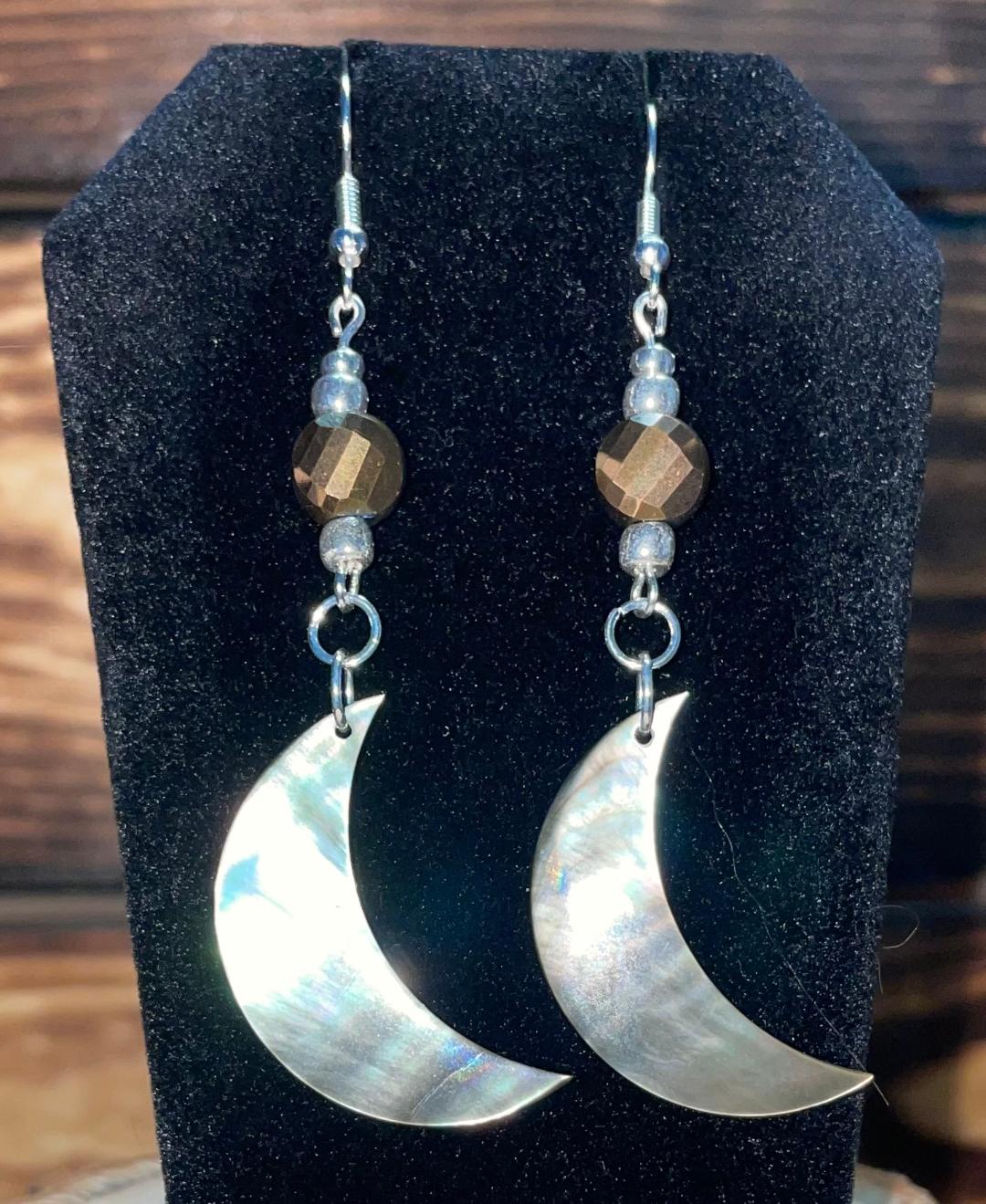 NEW Natural Black Lip Shell Crescent Moon Earrings w/ Brown Faceted Beads