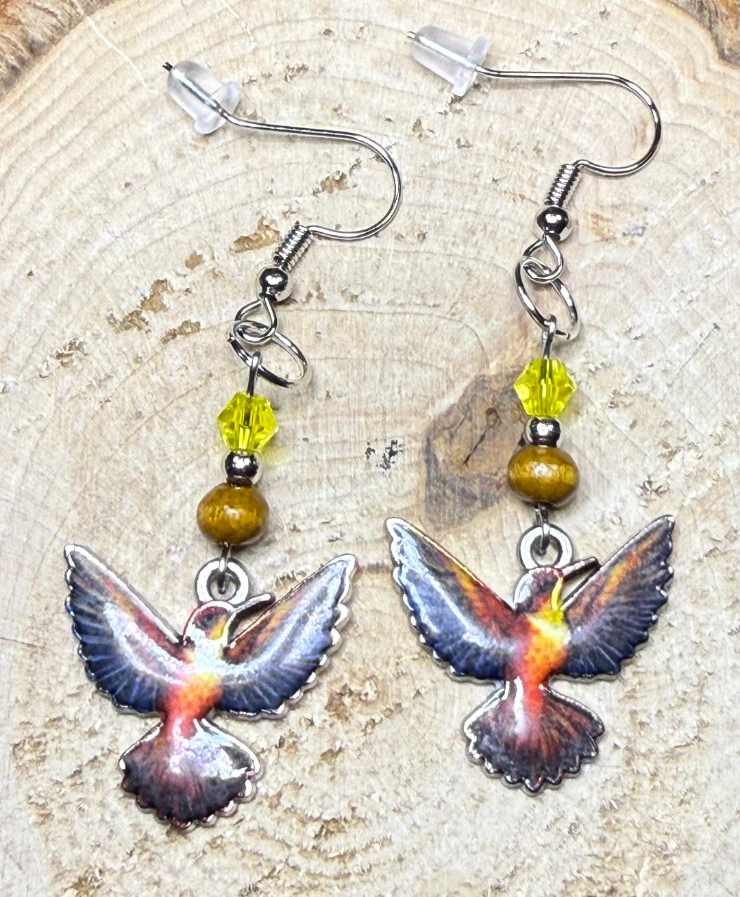NEW Unique Brown Boho Hummingbird Enamel Charm Earrings w/ Wood & Glass Beads