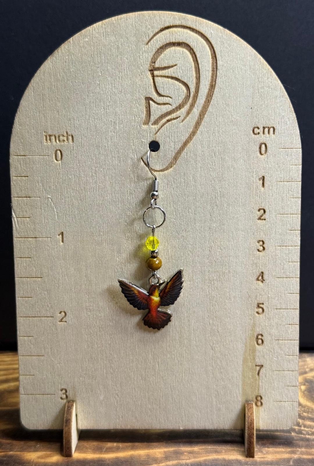 NEW Unique Brown Boho Hummingbird Enamel Charm Earrings w/ Wood & Glass Beads