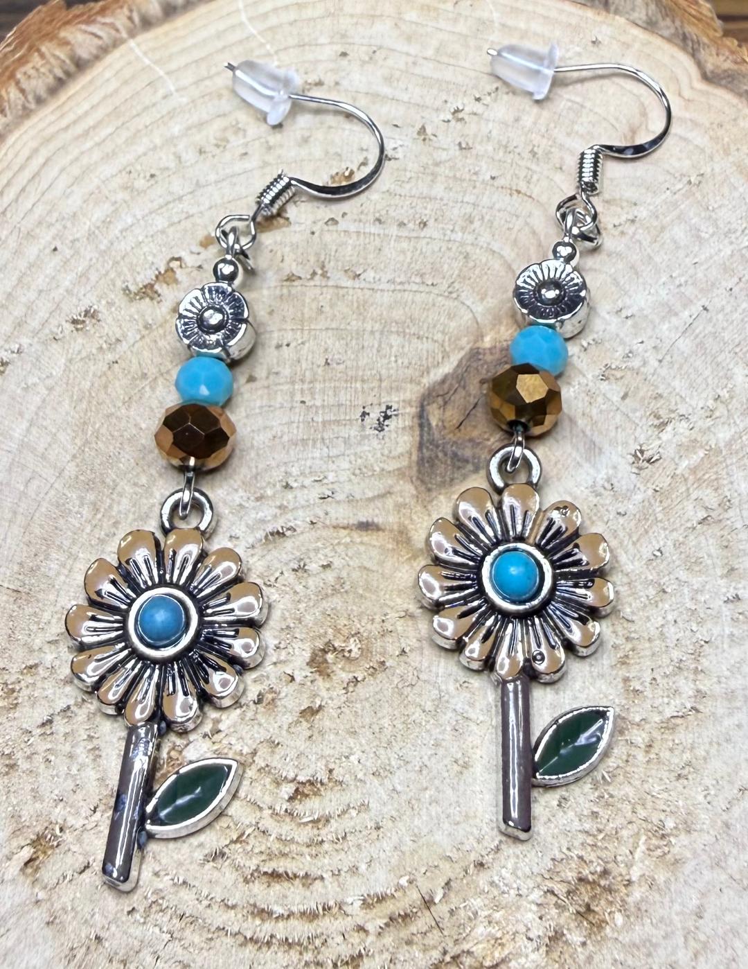 NEW Warm Brown Petal Daisy Earrings w/ Glass Faceted Beads