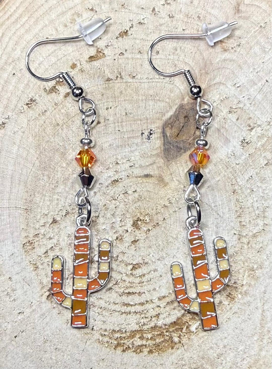 NEW Warm Brown & Orange Cactus Earrings w/ Amber Glass Beads