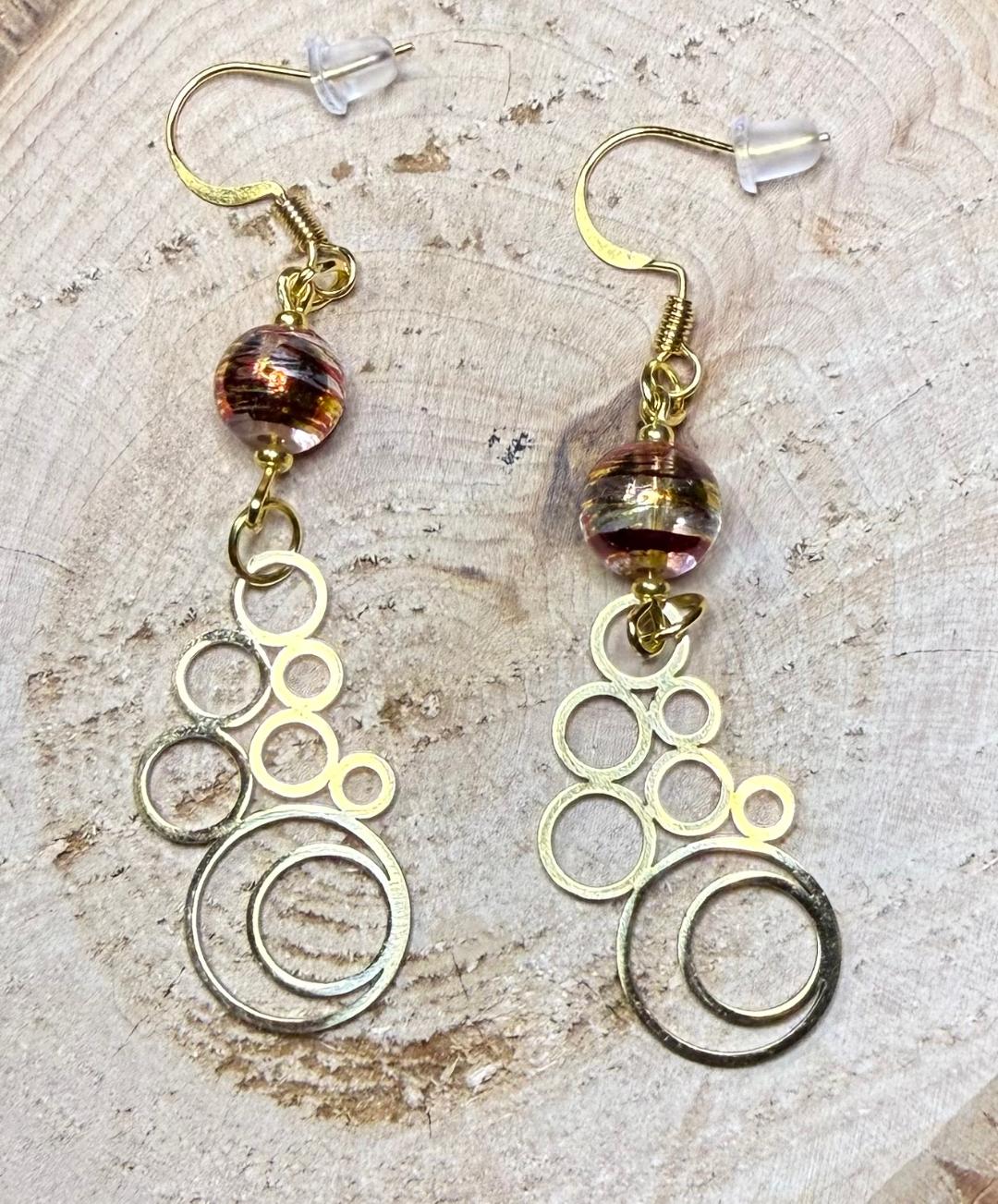 NEW Geometric Round Bubble Style Earrings w/ Glass Metallic Striped Beads