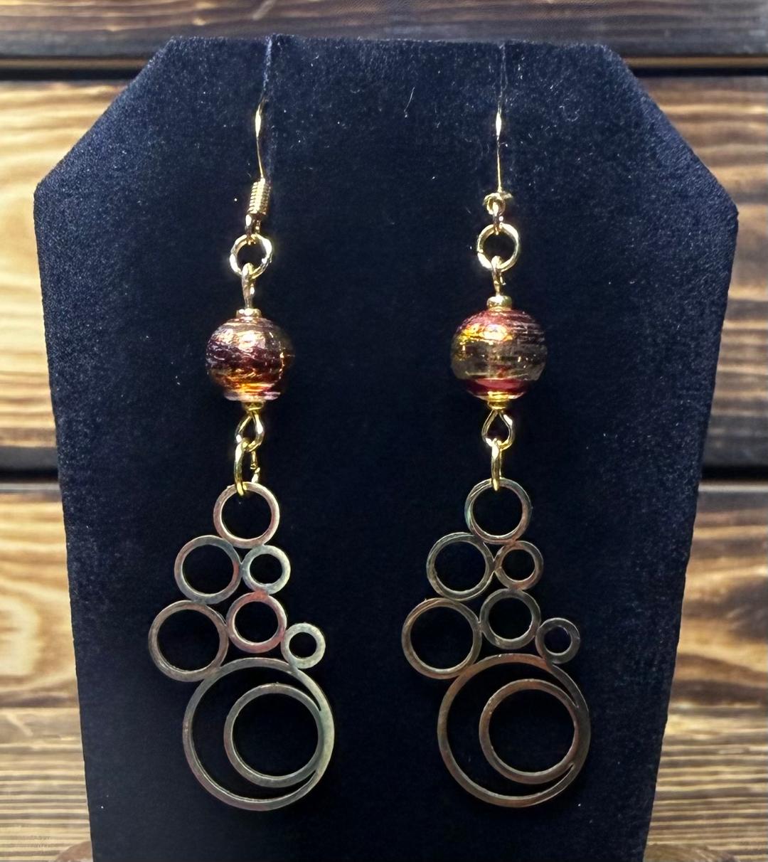 NEW Geometric Round Bubble Style Earrings w/ Glass Metallic Striped Beads