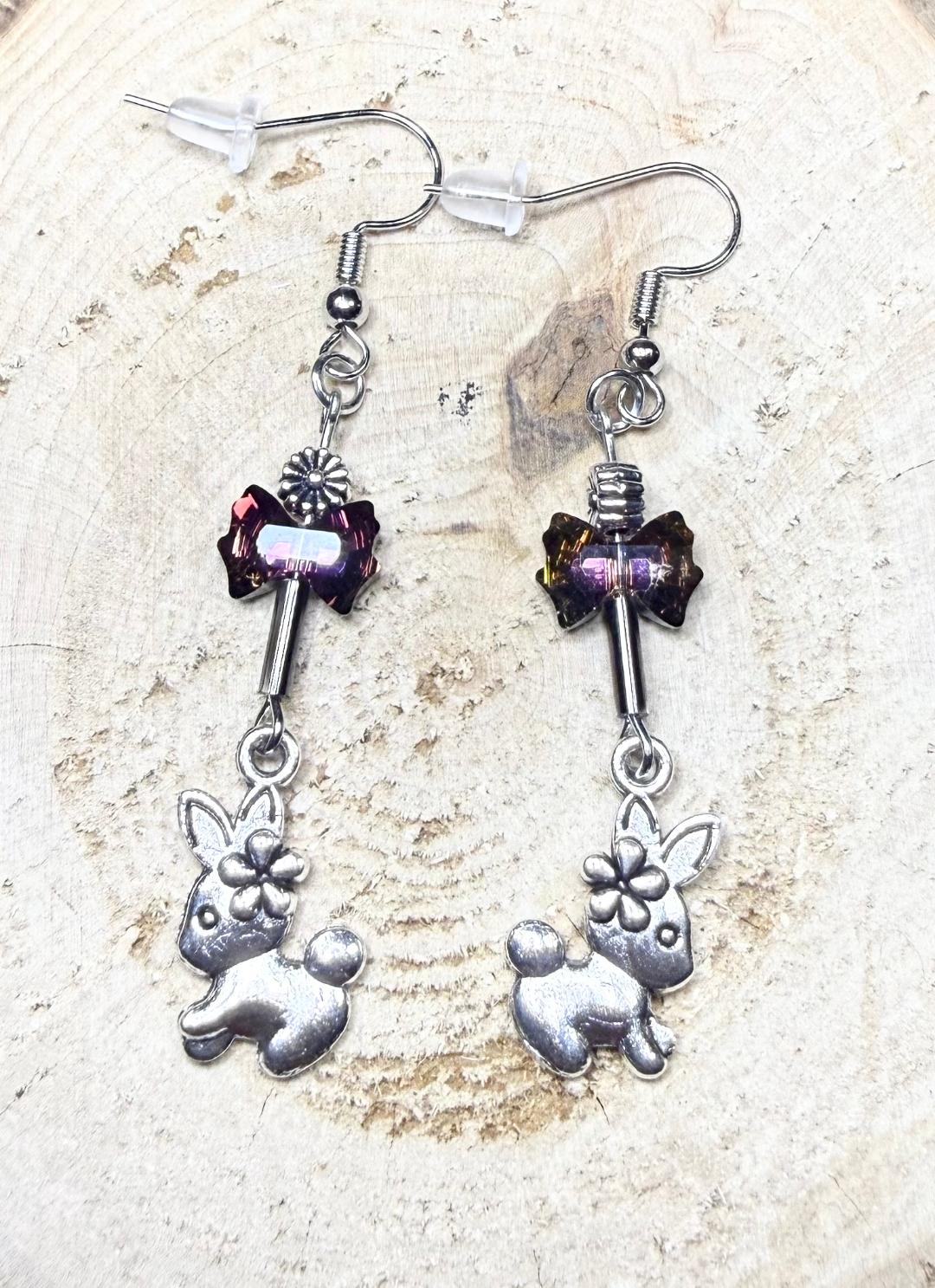 NEW Baby Bunny Rabbit Earrings w/ Flower & Bow Beads