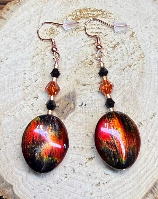 NEW Large Oval Shiny Burgundy, Gold & Black Beaded Earrings