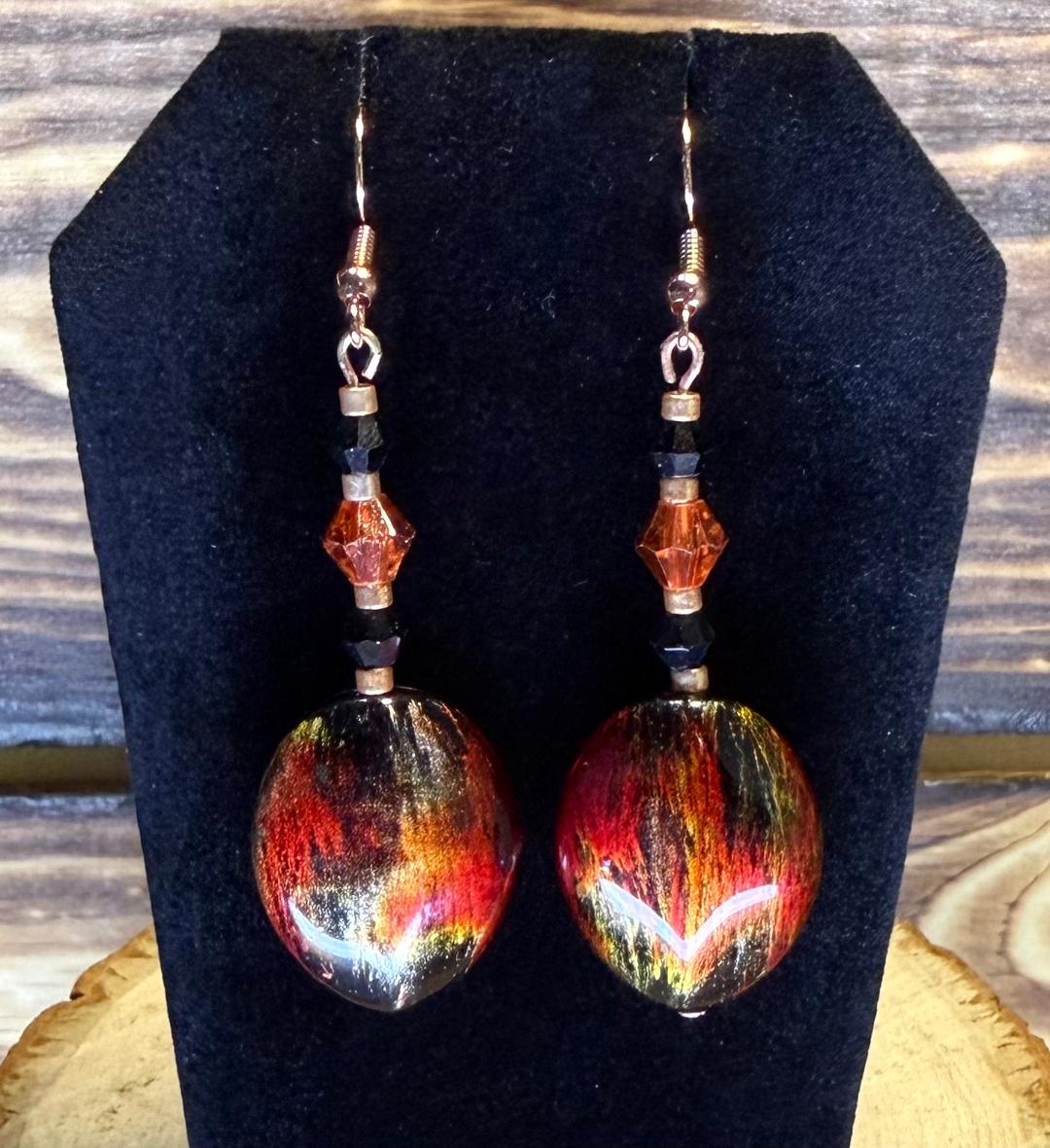 NEW Large Oval Shiny Burgundy, Gold & Black Beaded Earrings