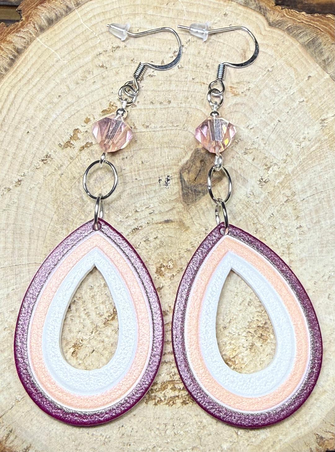 NEW Burgundy & Pink Acrylic Teardrop Earrings w/ Pink Glass Beads