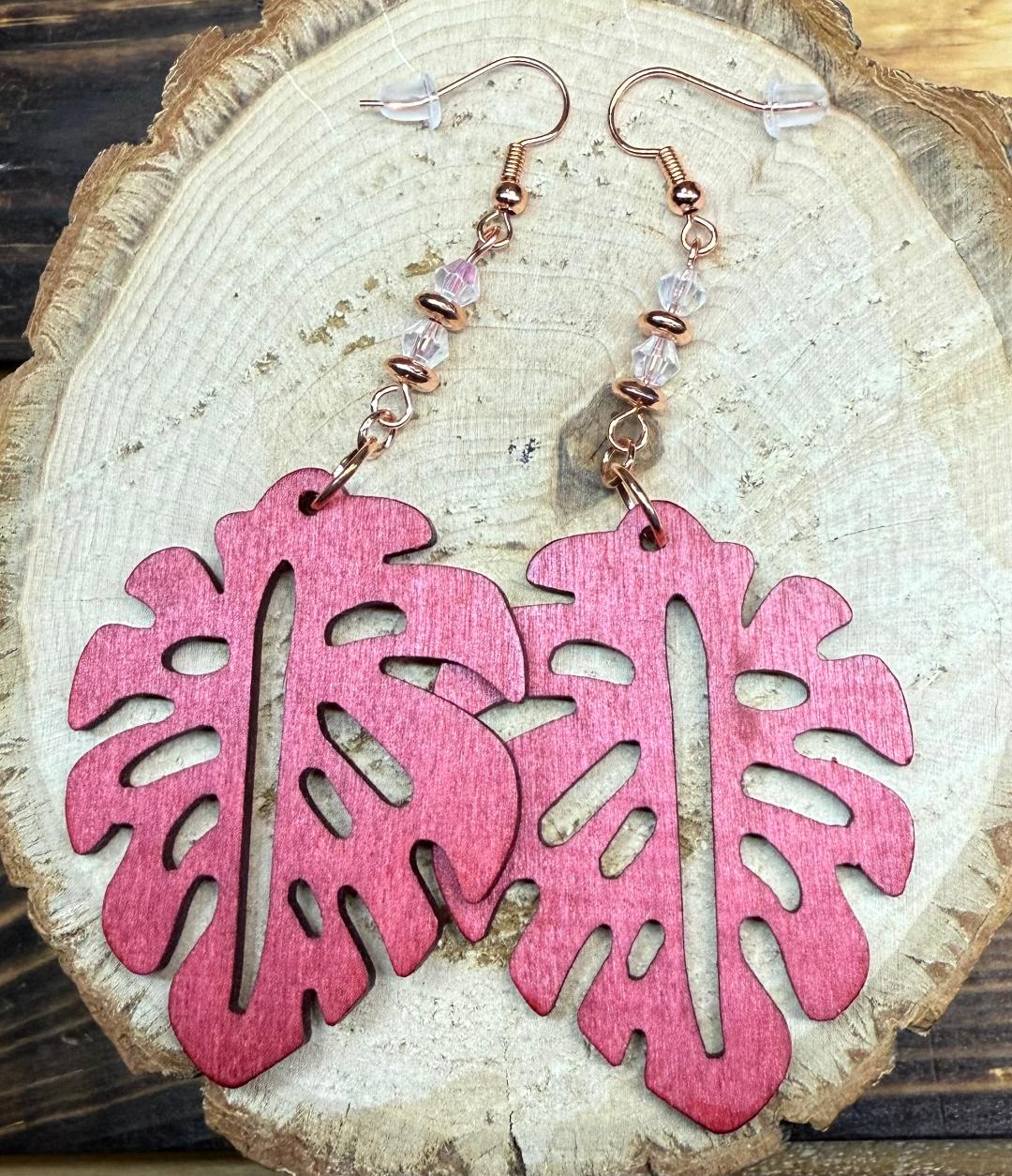NEW Burgundy Wooden Monstera Leaf Earrings w/ Faceted Glass Beads