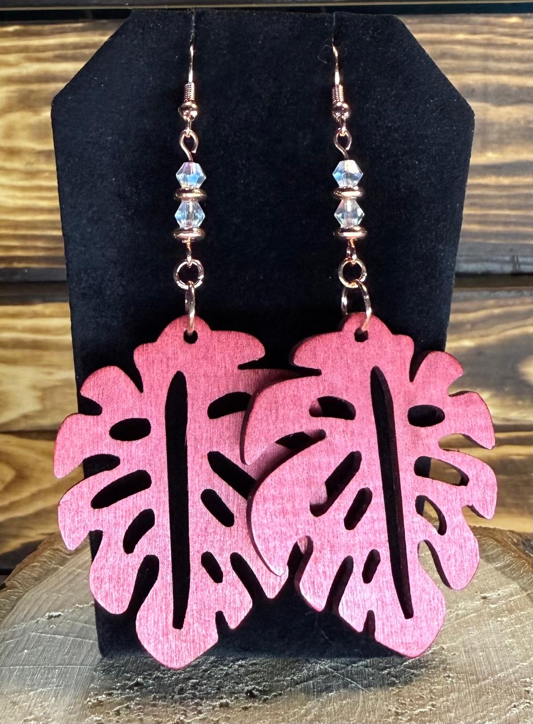 NEW Burgundy Wooden Monstera Leaf Earrings w/ Faceted Glass Beads
