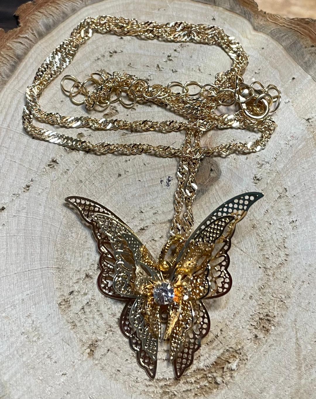 NEW Intricate Gold Tone Filigree Butterfly Necklace 18"