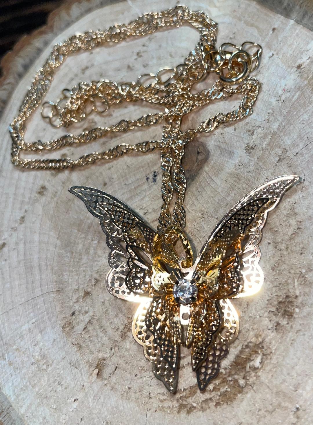 NEW Intricate Gold Tone Filigree Butterfly Necklace 18"
