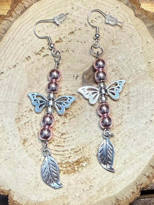 NEW Butterfly, Leaf & Metallic Pink Bead Earrings