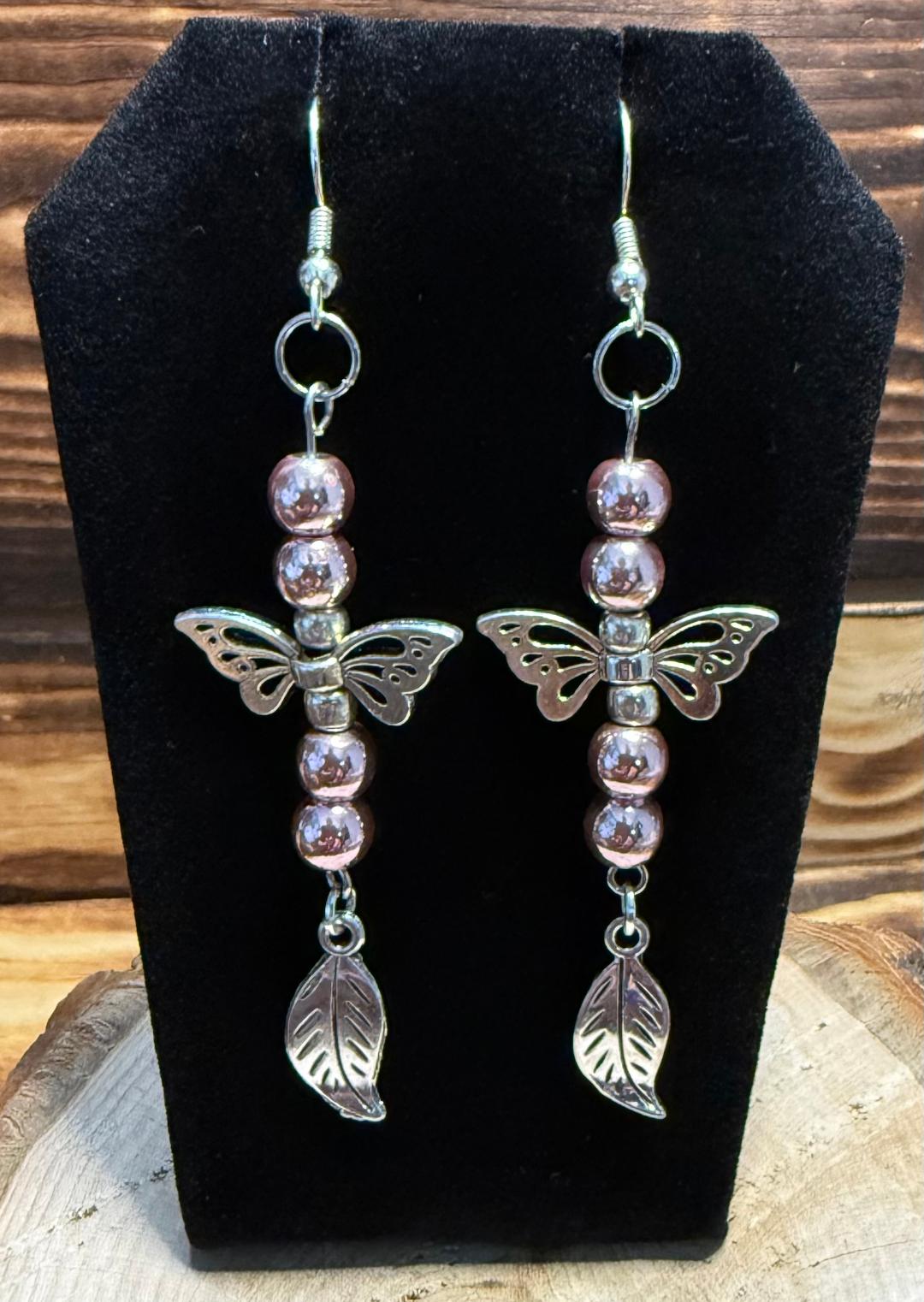 NEW Butterfly, Leaf & Metallic Pink Bead Earrings