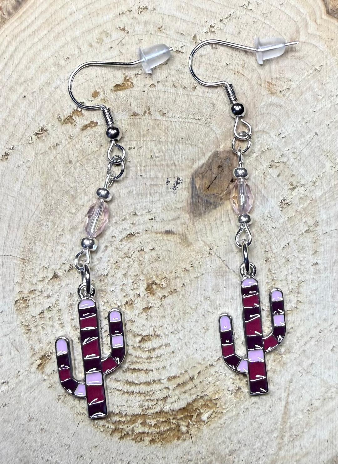 NEW Pink & Burgundy Cactus Earrings w/ Pale Pink Glass Beads