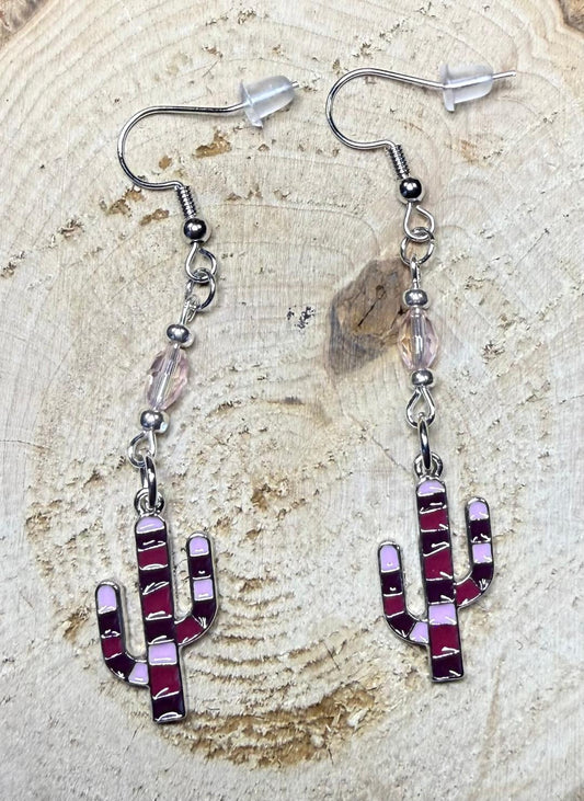 NEW Pink & Burgundy Cactus Earrings w/ Pale Pink Glass Beads