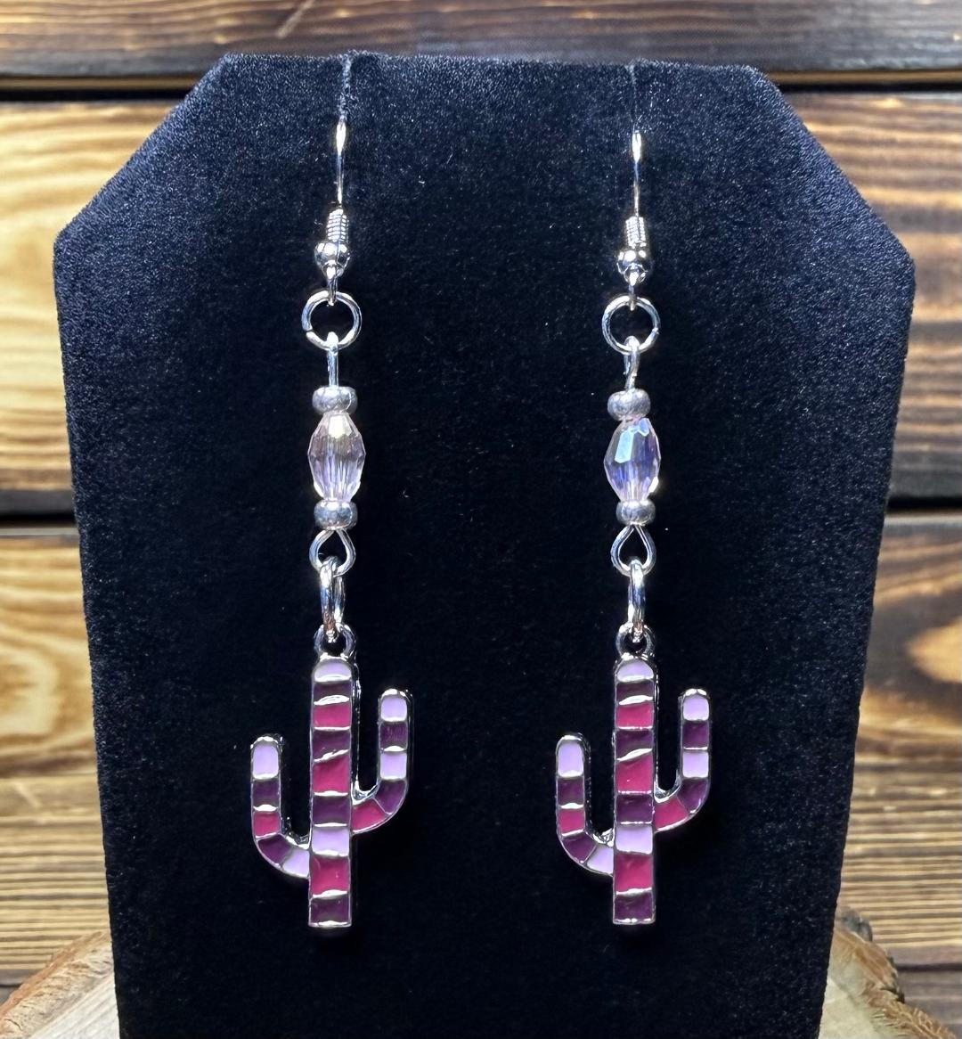 NEW Pink & Burgundy Cactus Earrings w/ Pale Pink Glass Beads