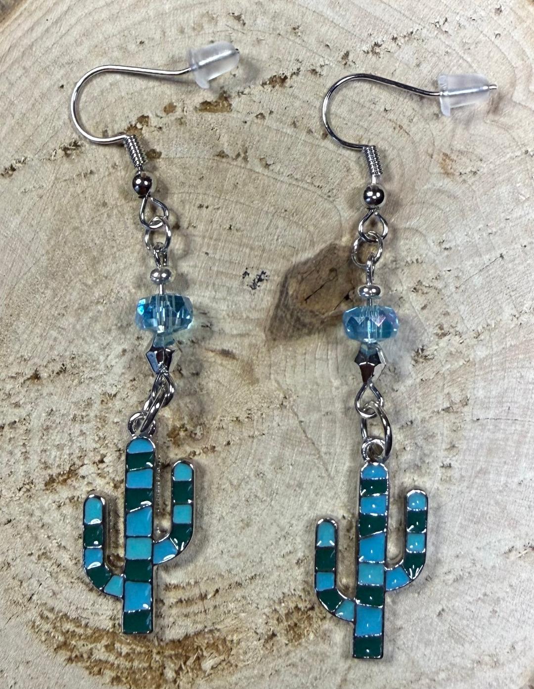 NEW Teal Striped Cactus Earrings w/ Teal Glass Beads