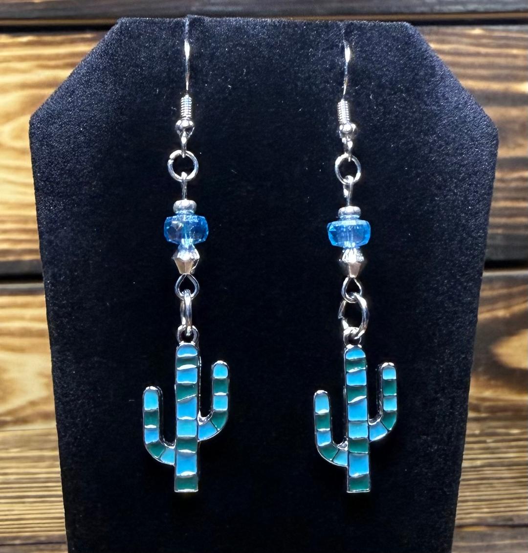 NEW Teal Striped Cactus Earrings w/ Teal Glass Beads