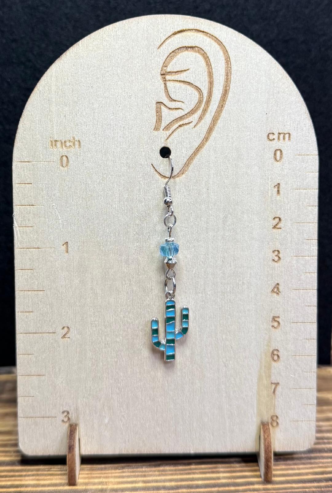 NEW Teal Striped Cactus Earrings w/ Teal Glass Beads