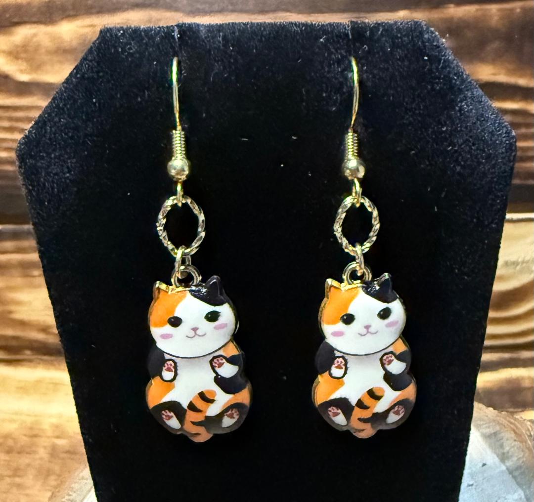 NEW Cartoon Calico Cat / Kitten Metal Alloy Charm Earrings