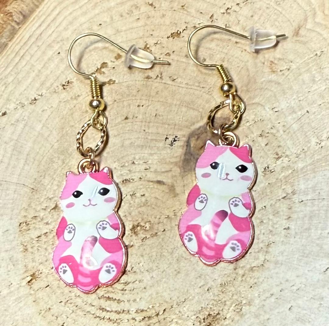 NEW Cartoon Pink Calico Cat / Kitten Metal Alloy Charm Earrings