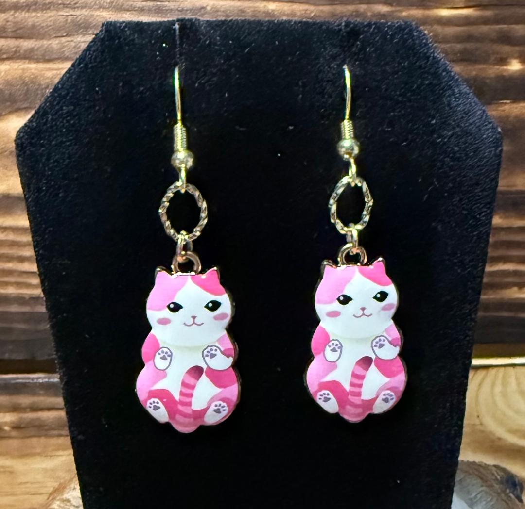 NEW Cartoon Pink Calico Cat / Kitten Metal Alloy Charm Earrings