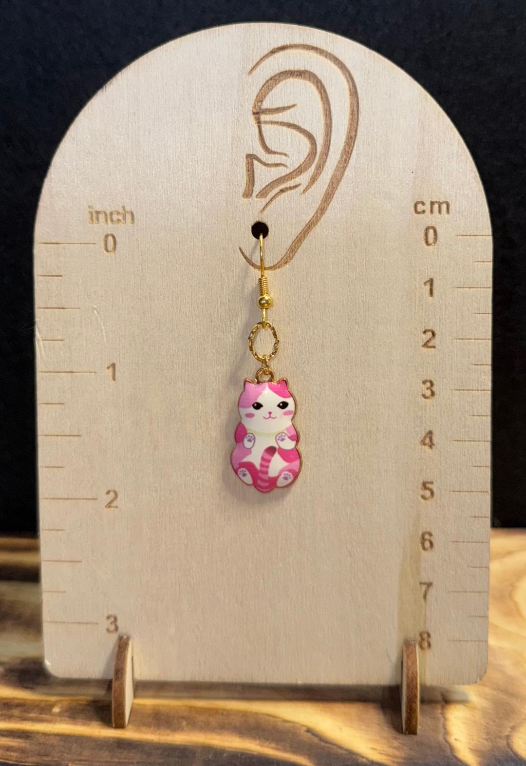 NEW Cartoon Pink Calico Cat / Kitten Metal Alloy Charm Earrings
