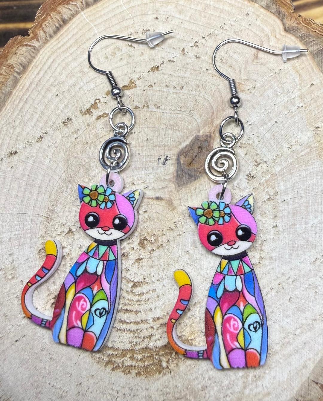 NEW Boho Multicolor Acrylic Big Eye Double Sided Cartoon Cat Earrings