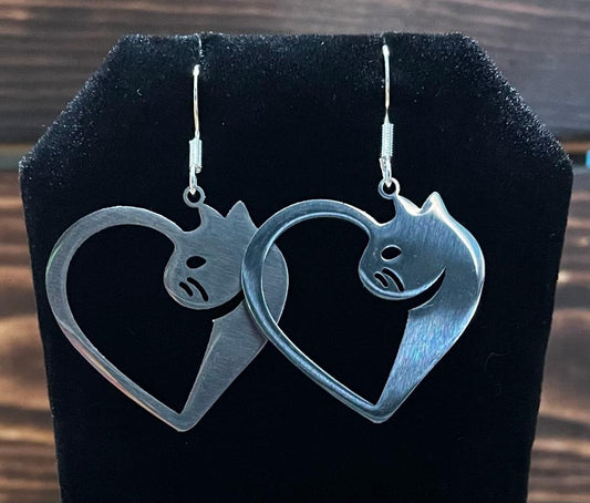 NEW Stainless Steel Cat Kitten Heart Hollow Earrings