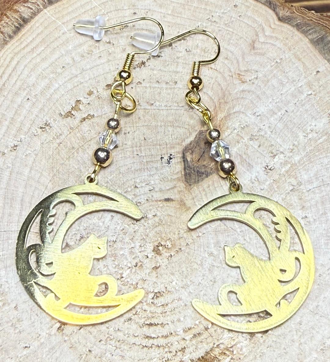 NEW Cat on a Crescent Moon Gold Earrings w/ Clear Glass Beads