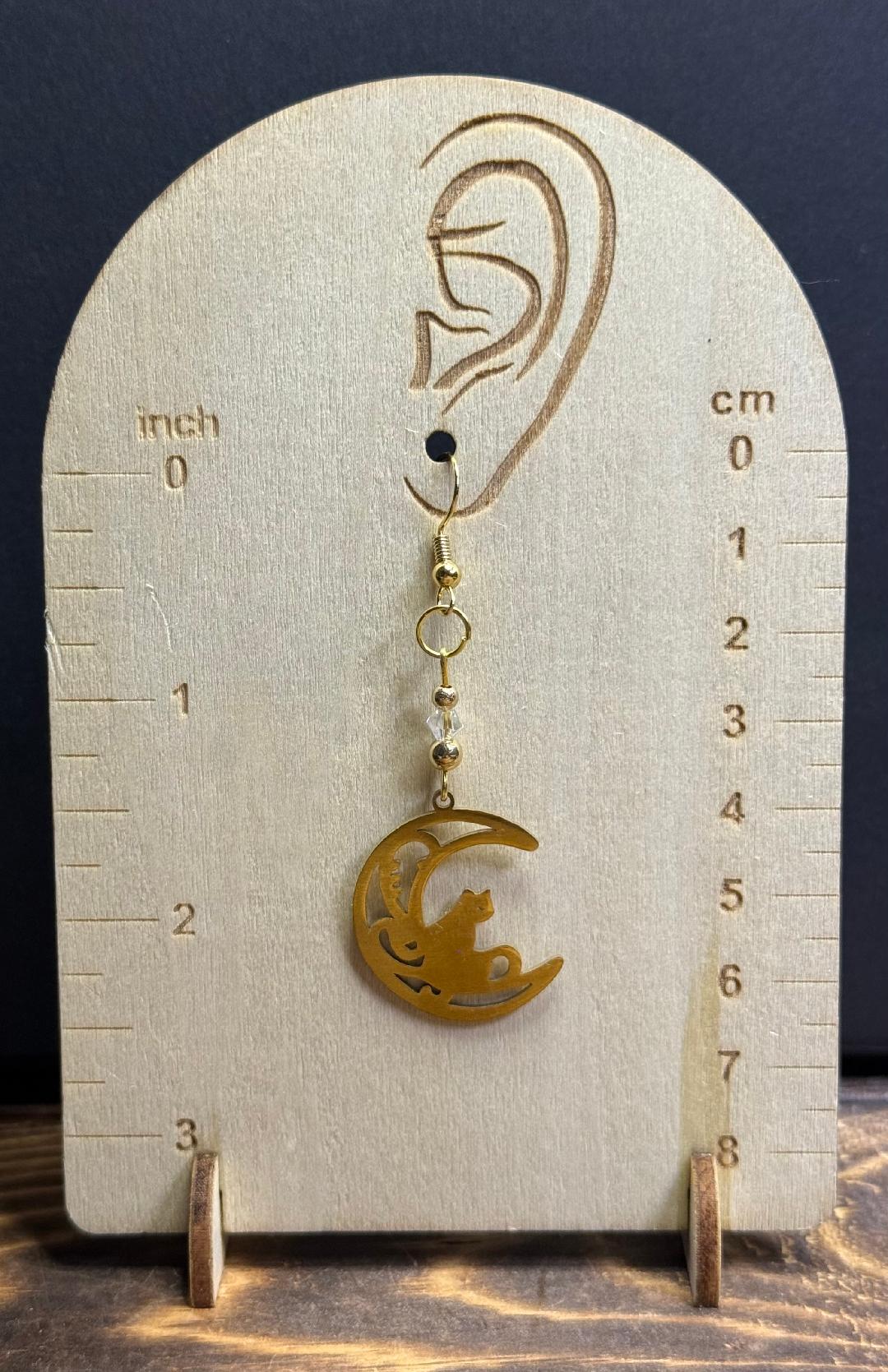 NEW Cat on a Crescent Moon Gold Earrings w/ Clear Glass Beads