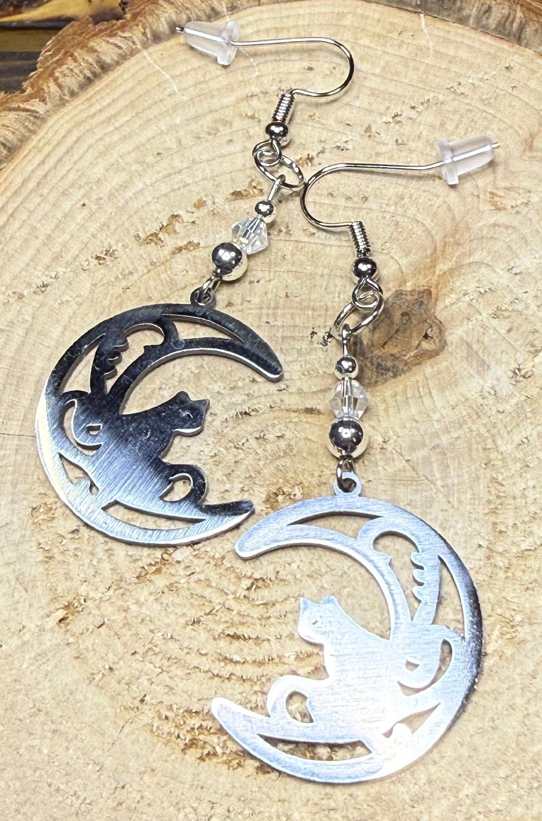 NEW Cat on a Crescent Moon Silver Earrings w/ Clear Glass Beads