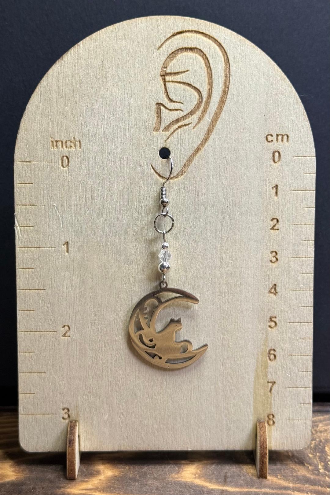 NEW Cat on a Crescent Moon Silver Earrings w/ Clear Glass Beads