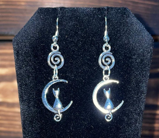NEW Mystic Cat on a Crescent Moon Silver Tone Drop Dangle Earrings