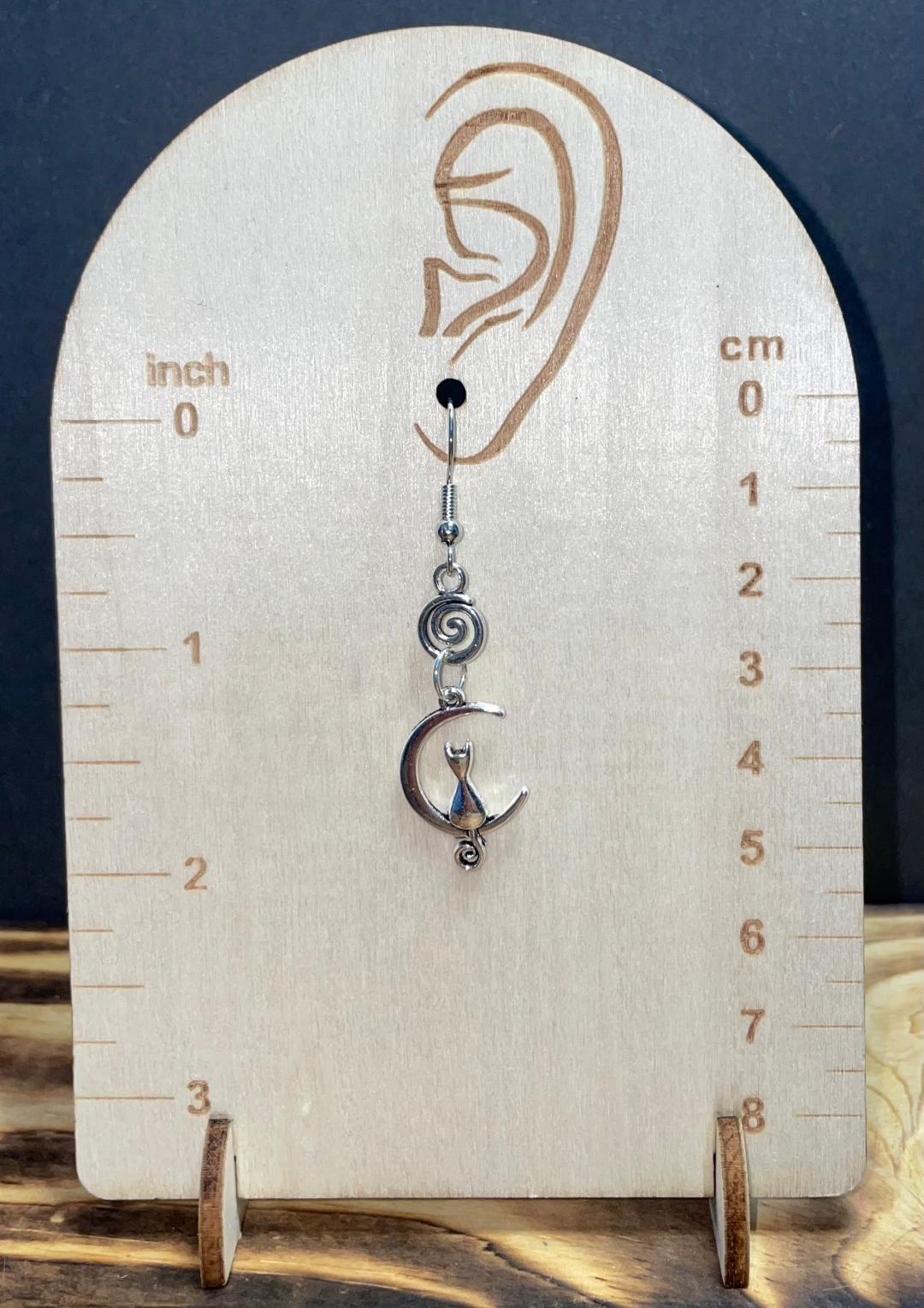 NEW Mystic Cat on a Crescent Moon Silver Tone Drop Dangle Earrings