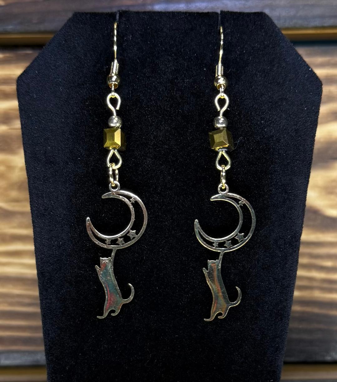 NEW Cat Swinging from the Moon Earrings w/ Glass Beads