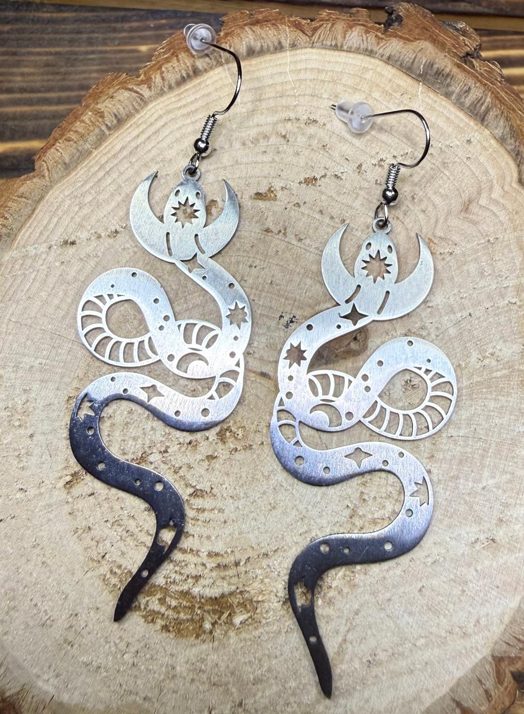 NEW Large Stainless Steel Mystical Moon Star Snake Earrings