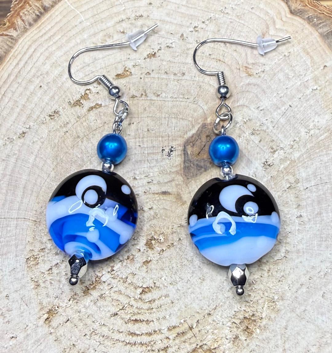 NEW Amazing Round Glass Celestial Moon Scene Earrings w/ Blue Glass Beads