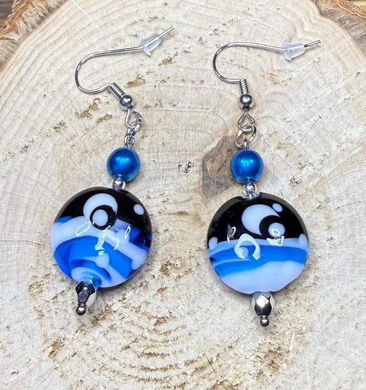 NEW Amazing Round Glass Celestial Moon Scene Earrings w/ Blue Glass Beads