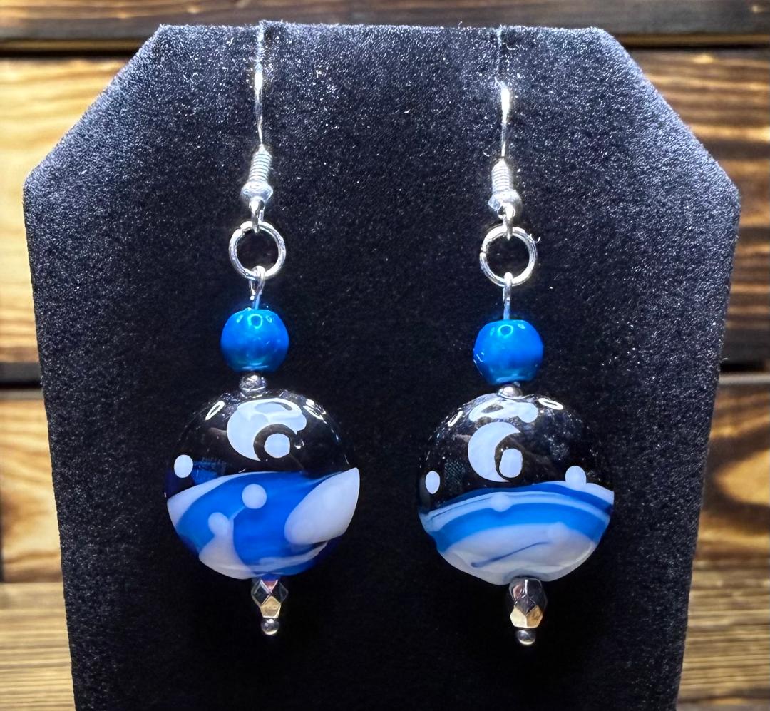 NEW Amazing Round Glass Celestial Moon Scene Earrings w/ Blue Glass Beads