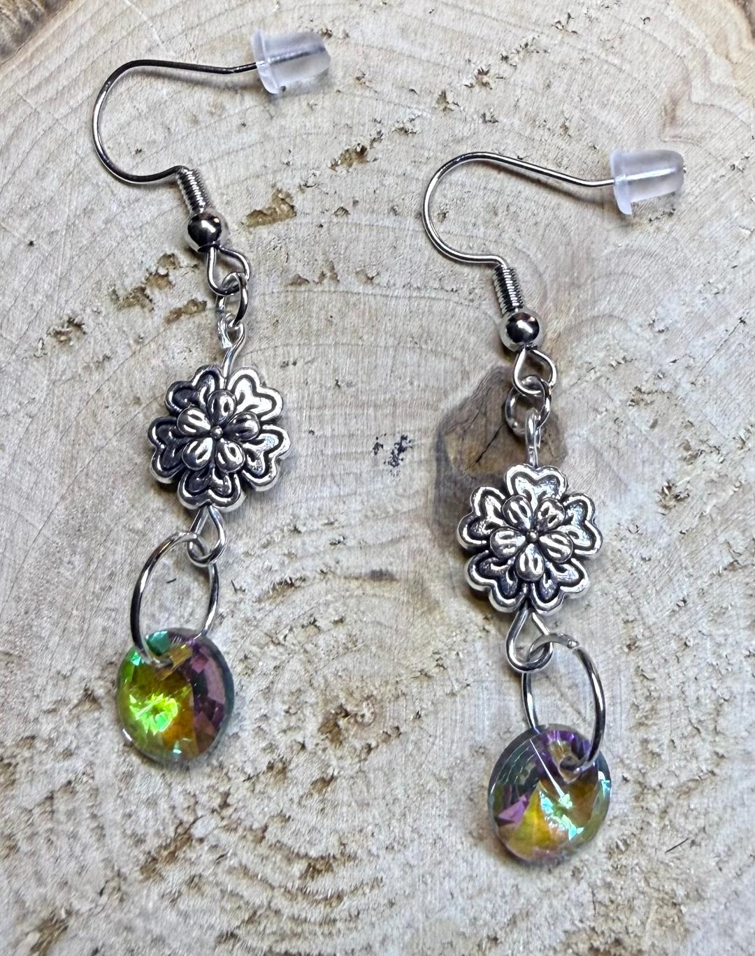 NEW Celtic Flower Bead Earrings w/ Iridescent Rainbow Gem